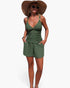 Beach Rose Co. olive green two-piece bikini with ruched V-neck tank top and matching shorts with pockets