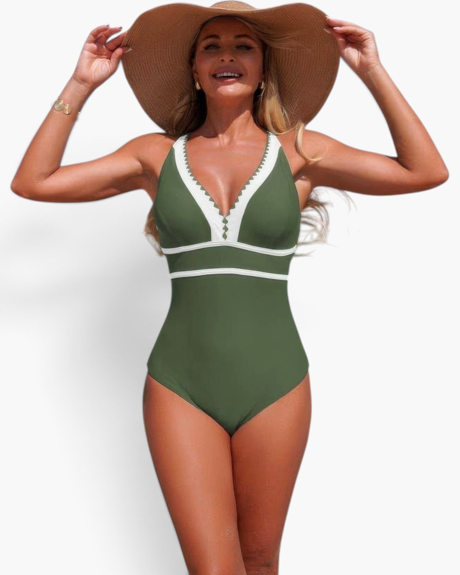 Beach Rose Co. olive green one-piece swimsuit with white V-neck trim and color block design worn by a woman in a hat.