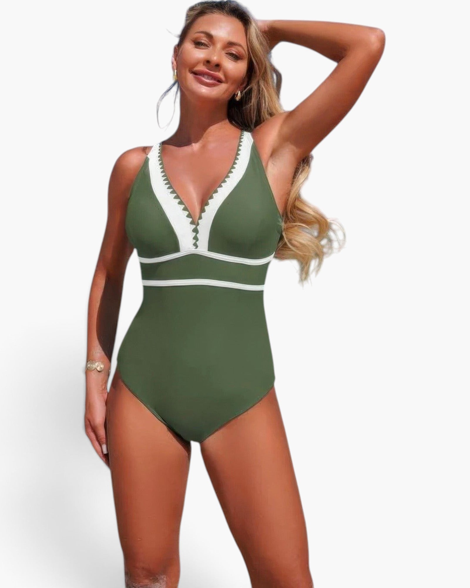 Beach Rose Co. olive green one-piece swimsuit with white V-neck trim and color block design on a smiling model.