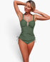Beach Rose Co. olive green two-piece tankini set with adjustable drawstring sides and supportive padded top