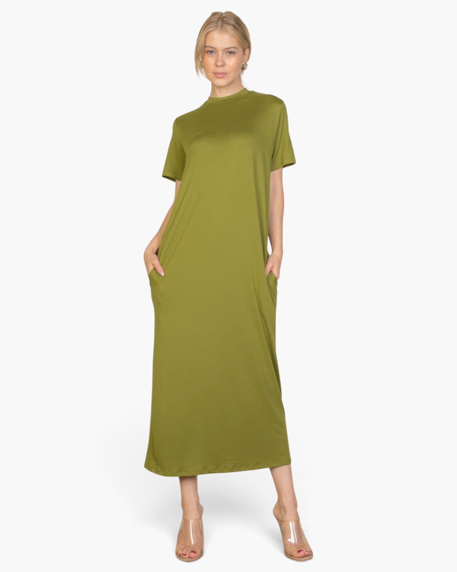 Beach Rose Co. olive green midi tee dress with short sleeves and side pockets worn by a blonde model