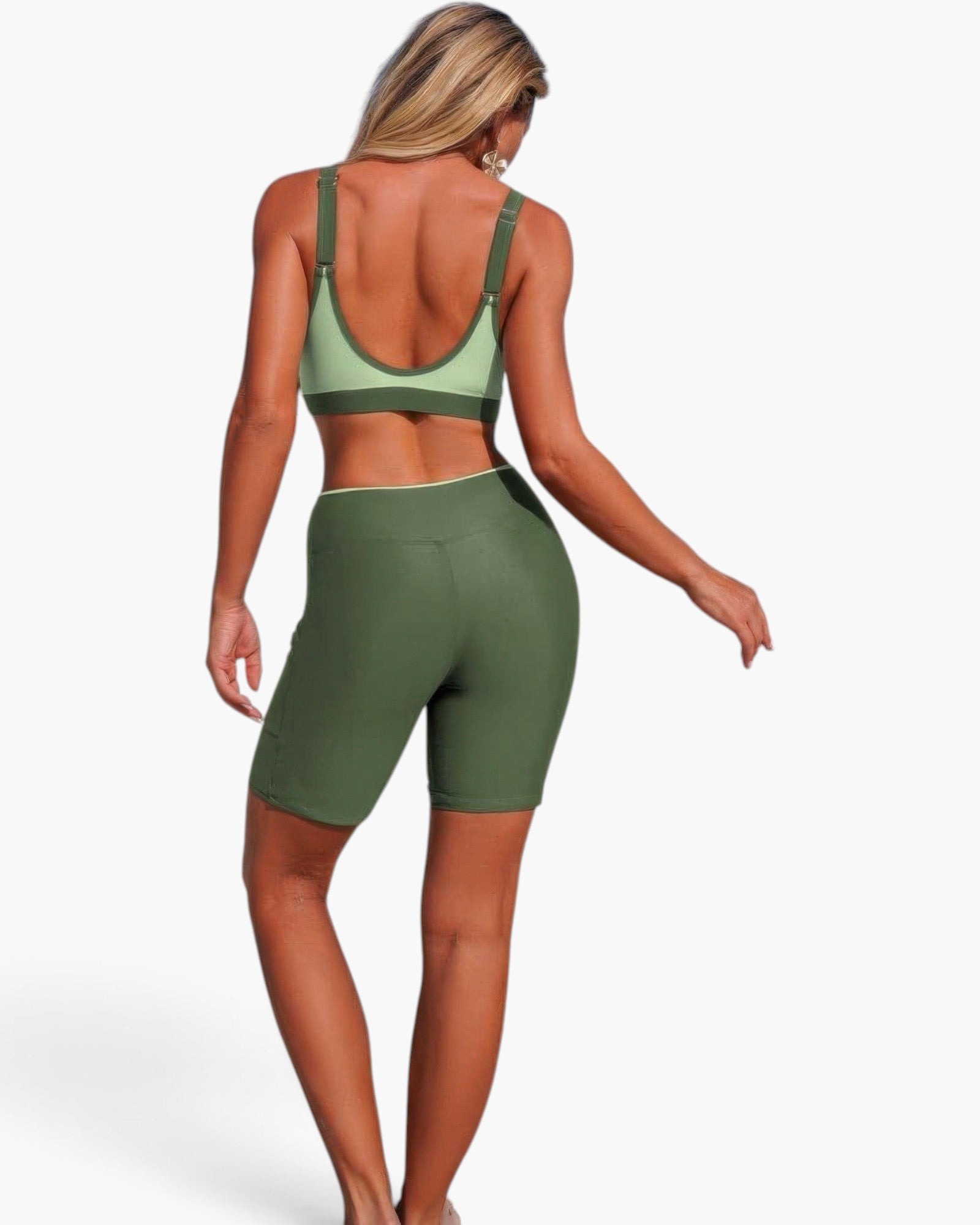 Beach Rose Co. two-piece olive green color block yoga set with a sleeveless sports bra and matching biker shorts.