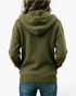 Beach Rose Co. olive green knit hooded cardigan with ribbed hem and cuffs shown from the back on a model.