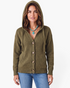 Beach Rose Co. olive green knit hooded cardigan with button-front, front pockets, and ribbed trim on a woman.