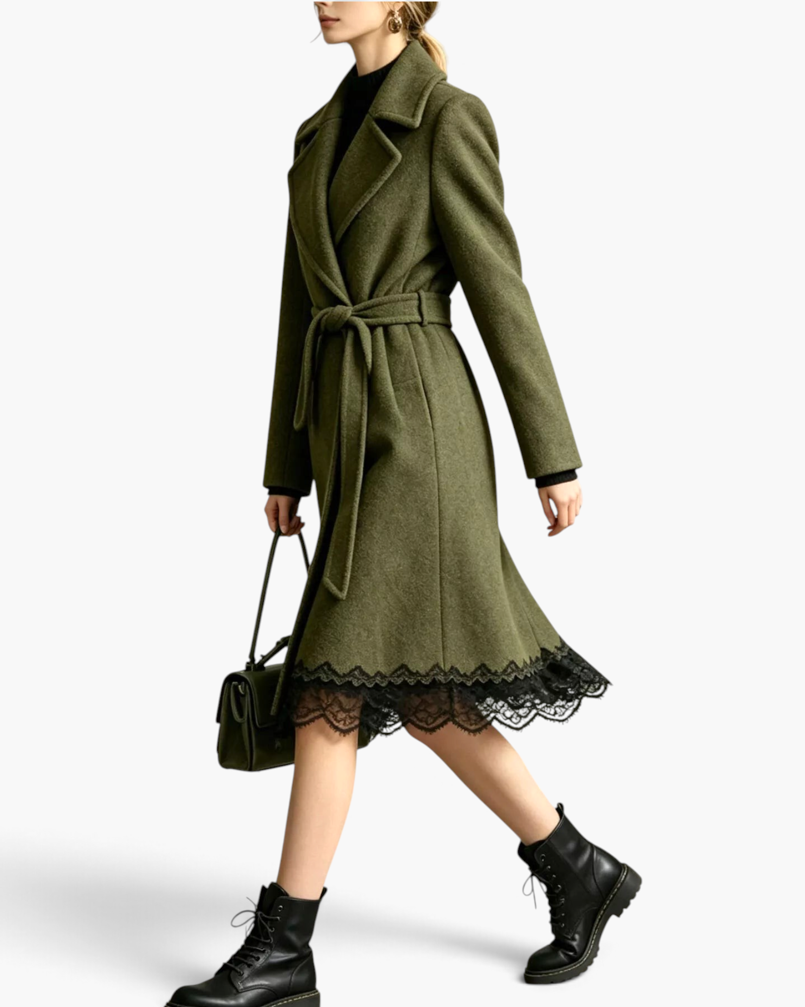 Beach Rose Co. olive wrap coat with notched lapels, tie belt, and black scalloped lace hem worn by a model.