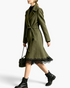 Beach Rose Co. olive wrap coat with notched lapels, tie belt, and black scalloped lace hem worn by a model.