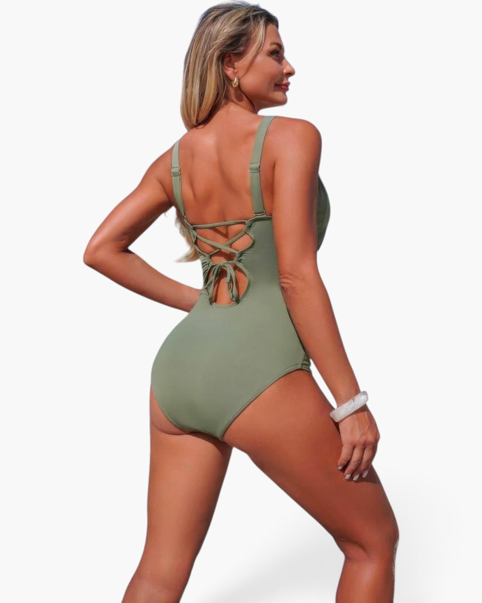 Beach Rose Co. olive green one-piece swimsuit with a lace-up back detail and ruched tummy control design