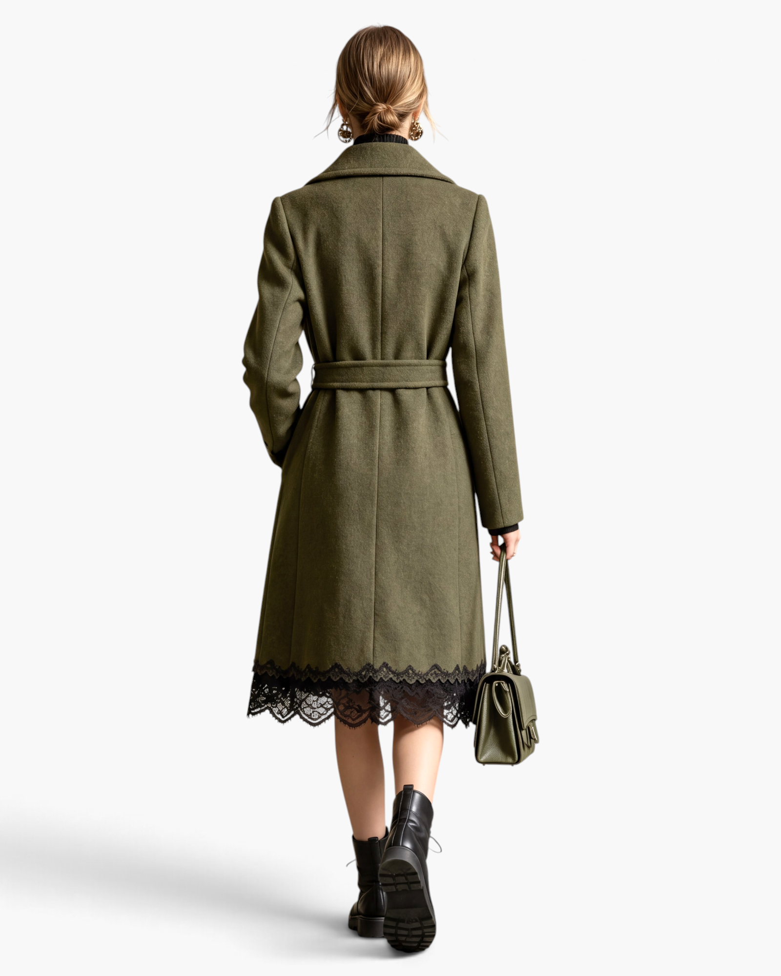 Beach Rose Co. olive knee-length wrap coat with a scalloped black lace hem, tie belt, and notched lapels, back view.