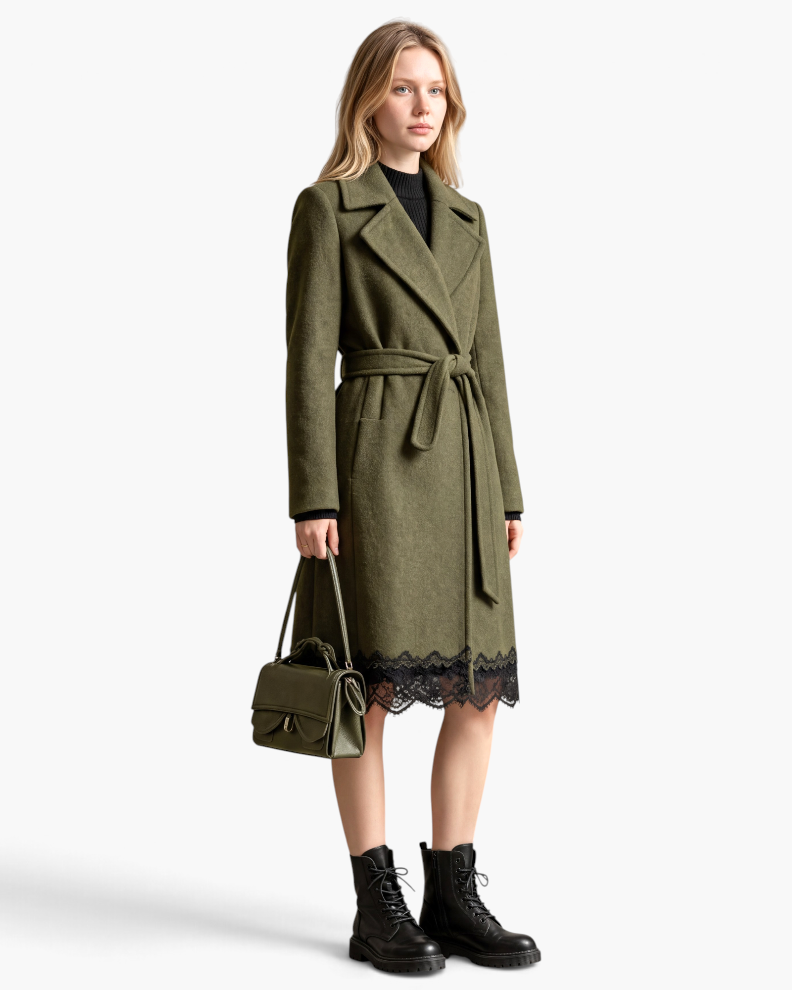 Beach Rose Co. olive knee-length wrap coat with wide lapels, tie belt, and black scalloped lace hem on a model