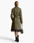 Beach Rose Co. olive knee-length wrap coat with a scalloped black lace hem, tie belt, and notched lapels, back view.