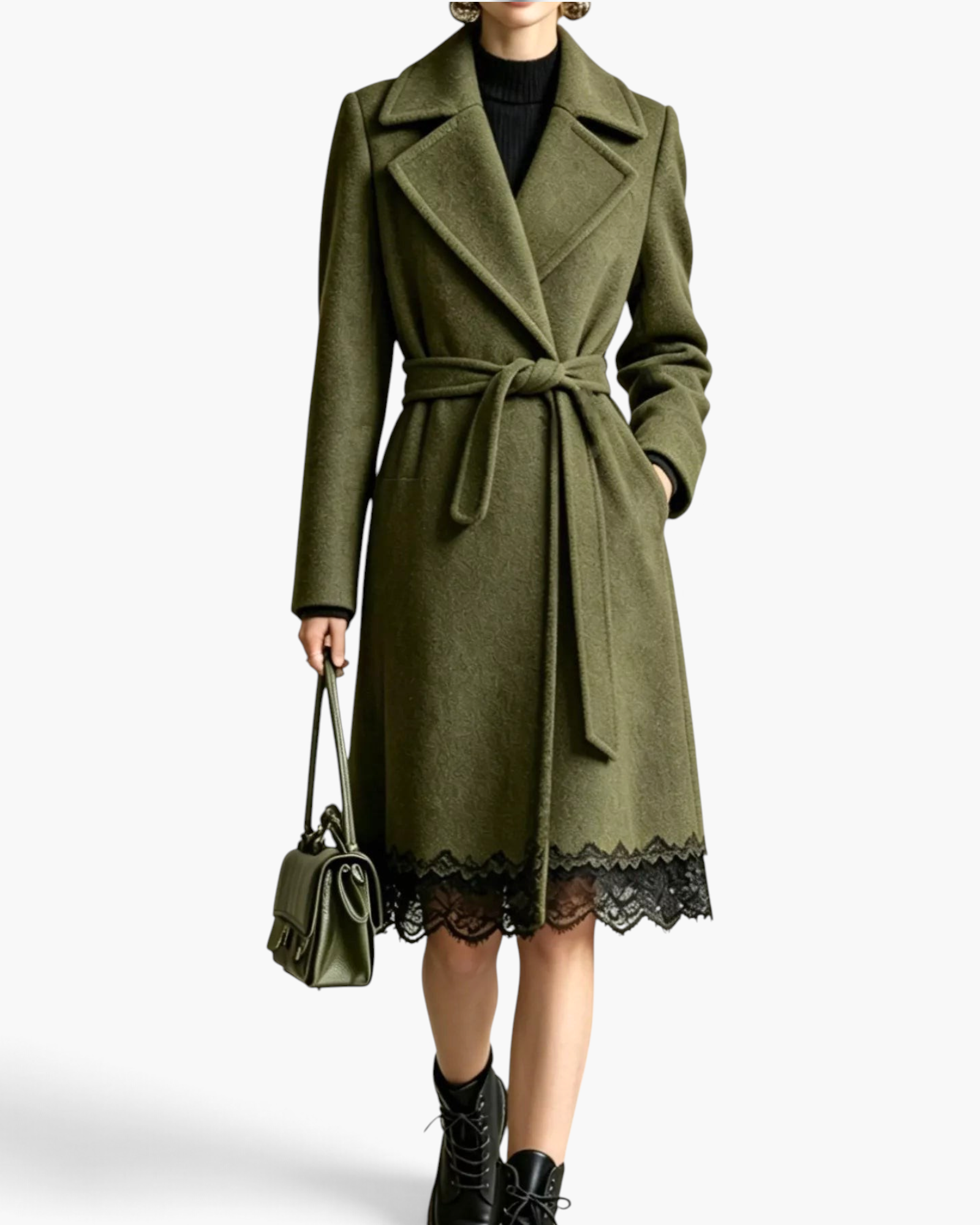 Beach Rose Co. olive wrap coat with wide lapels, tie belt, and a black scalloped lace hem, worn with ankle boots.