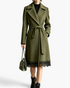 Beach Rose Co. olive wrap coat with wide lapels, tie belt, and a black scalloped lace hem, worn with ankle boots.