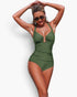 Beach Rose Co. olive green one-piece swimsuit with a V-neck, U-ring detail, and high-waisted fit on a model.