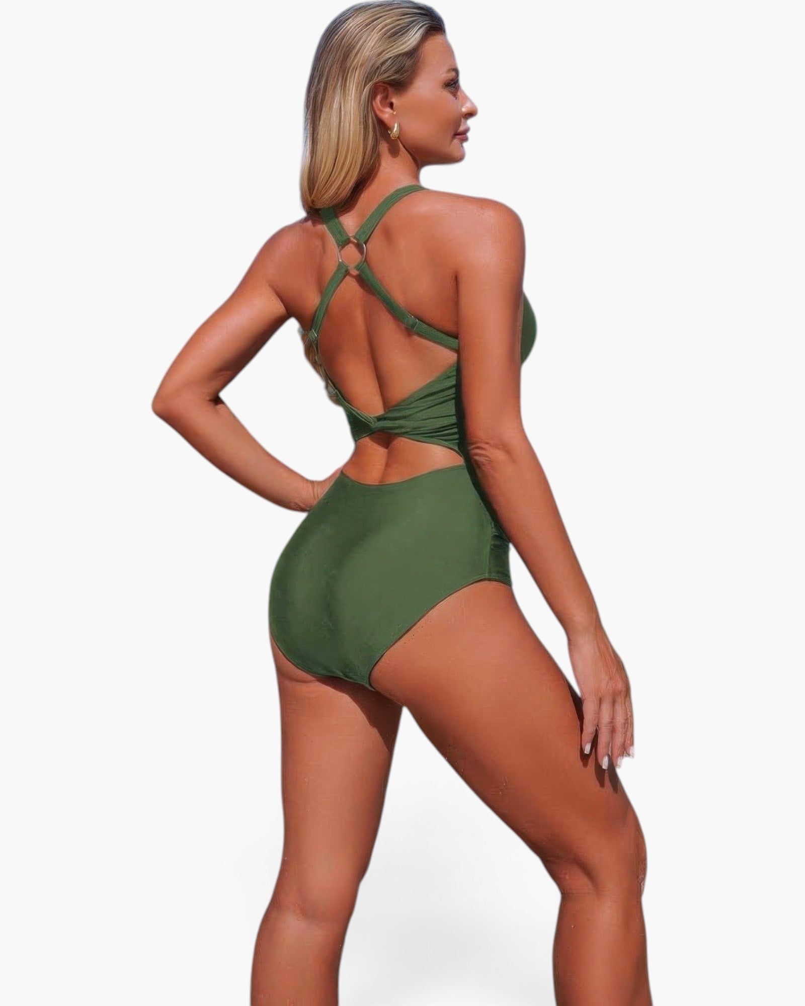 Beach Rose Co. olive green one-piece swimsuit with a strappy back, U-ring detail, and high-waisted cut on a model.