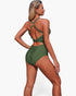 Beach Rose Co. olive green one-piece swimsuit with a strappy back, U-ring detail, and high-waisted cut on a model.