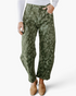 Beach Rose Co. olive green barrel leg jeans featuring a boho paisley and floral print in a comfortable cotton blend.