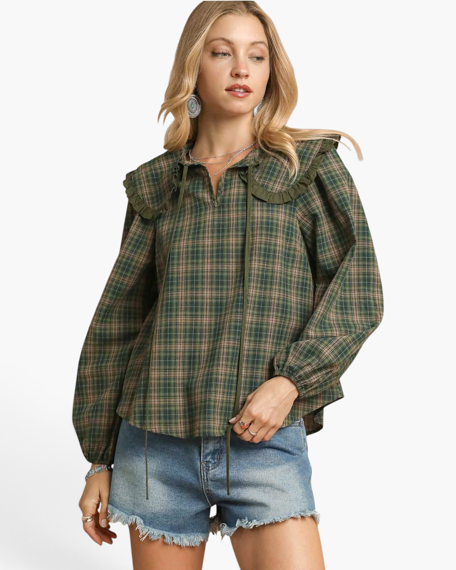 Beach Rose Co. olive plaid top with oversized ruffle sailor collar, long balloon sleeves, and neck ties on a model.