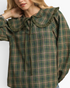 Beach Rose Co. olive plaid top with an oversized ruffled sailor collar, split neckline, and long neck ties.