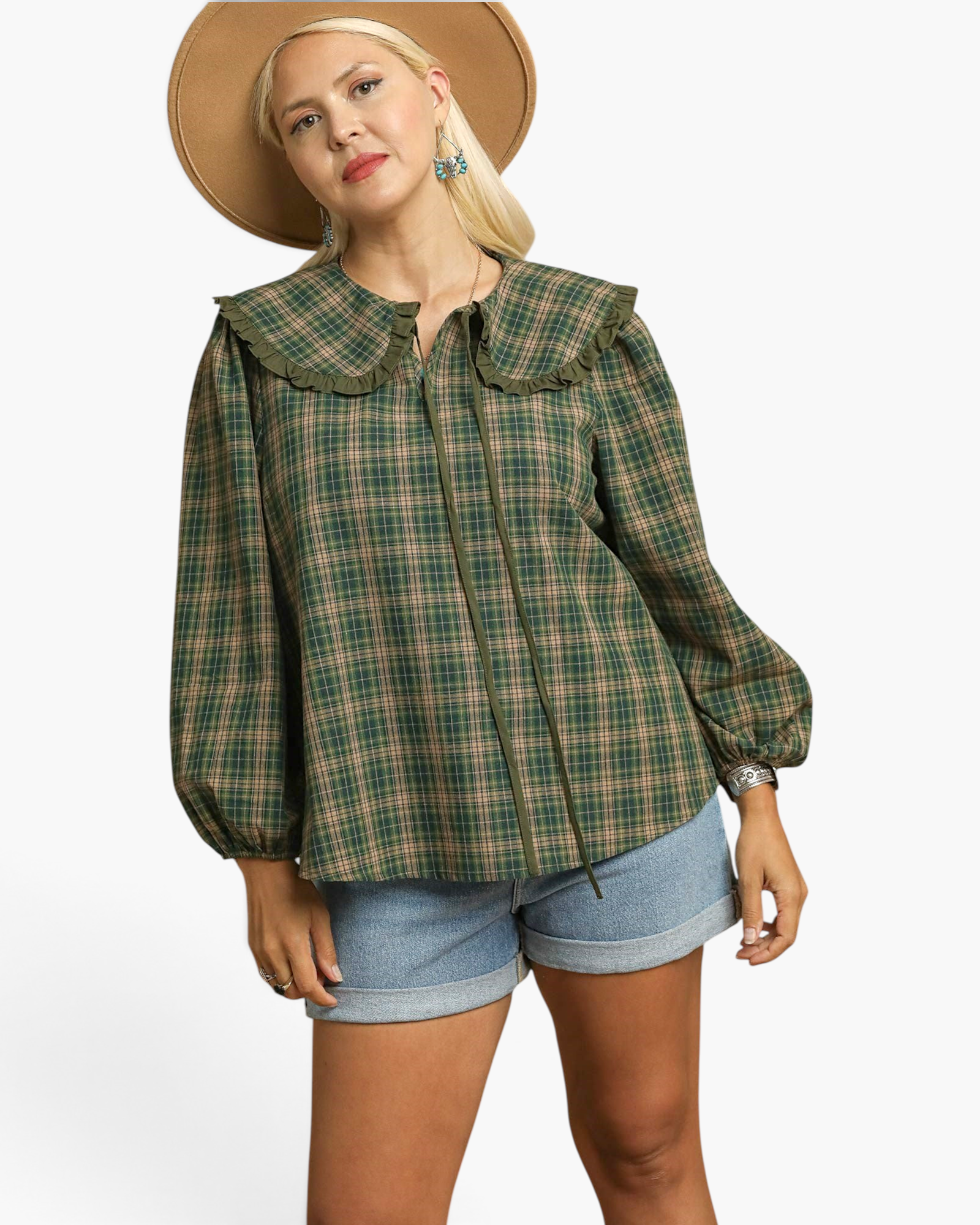 Beach Rose Co. olive plaid top with ruffle sailor collar, long balloon sleeves, and neck ties worn with a sun hat.