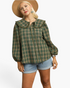 Beach Rose Co. olive plaid top with ruffle sailor collar, long balloon sleeves, and neck ties worn with a sun hat.