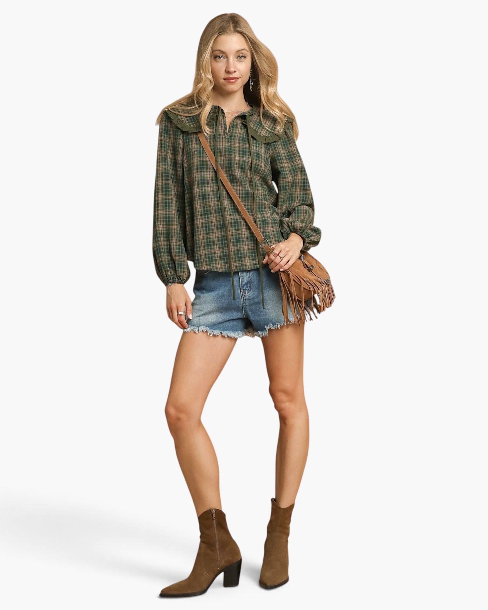 Beach Rose Co. olive plaid top with ruffle sailor collar, long balloon sleeves, and neck ties worn with denim shorts.