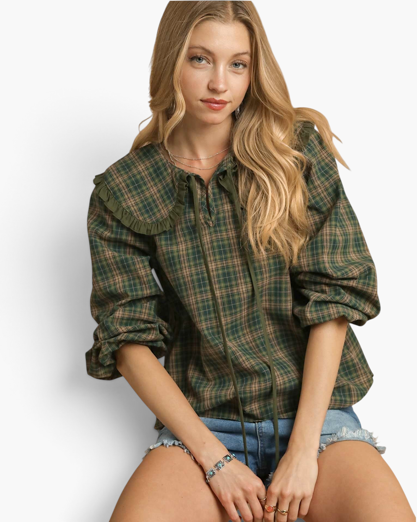 Beach Rose Co. olive plaid top with oversized ruffle sailor collar, long neck ties, and balloon sleeves on a model.