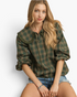 Beach Rose Co. olive plaid top with oversized ruffle sailor collar, long neck ties, and balloon sleeves on a model.