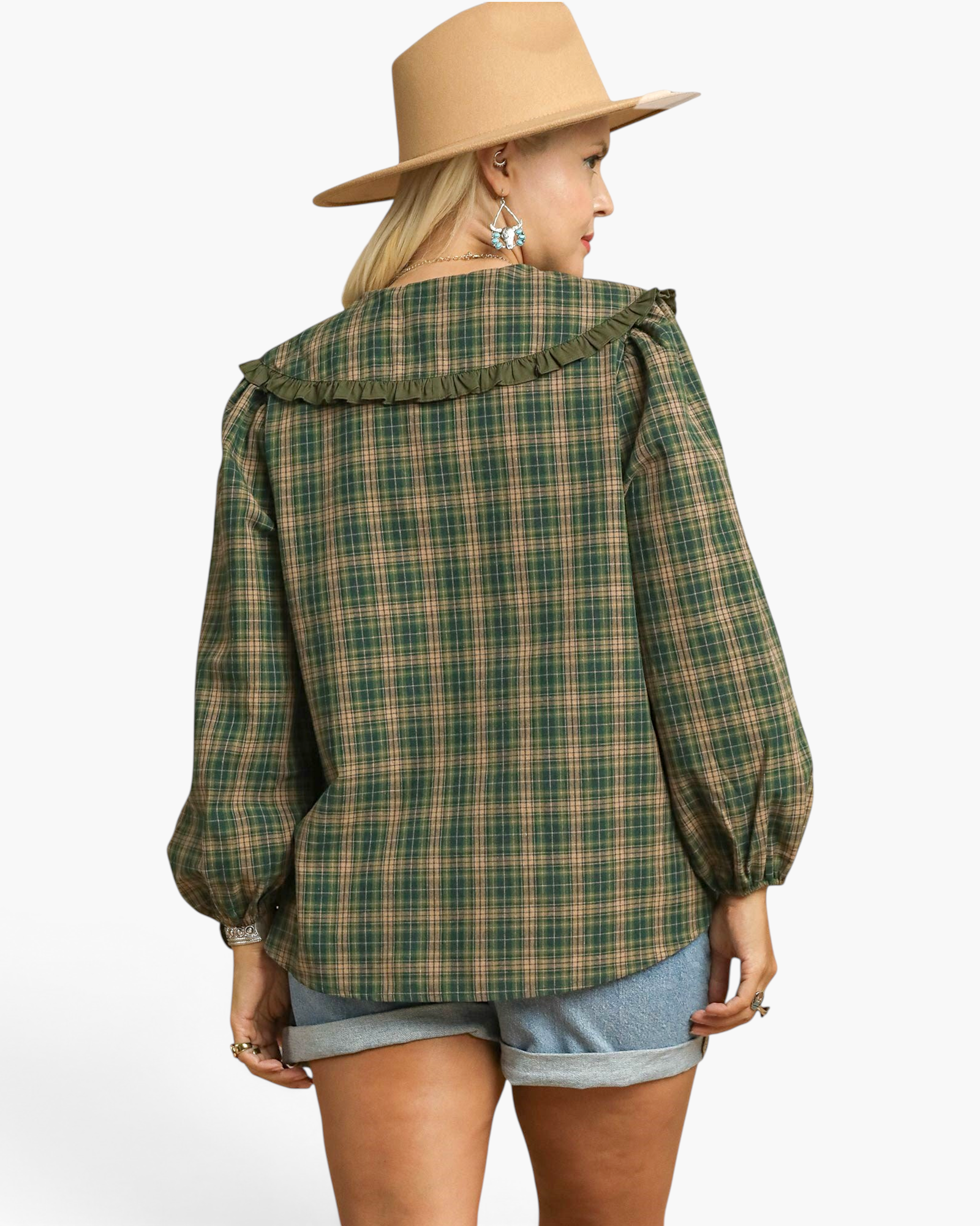 Beach Rose Co. olive plaid top with oversized ruffle sailor collar and balloon sleeves worn with a tan fedora hat