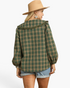 Beach Rose Co. olive plaid top with oversized ruffle sailor collar and balloon sleeves worn with a tan fedora hat
