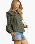 Beach Rose Co. olive plaid top with oversized ruffled sailor collar, long neck ties, and balloon sleeves on a model.