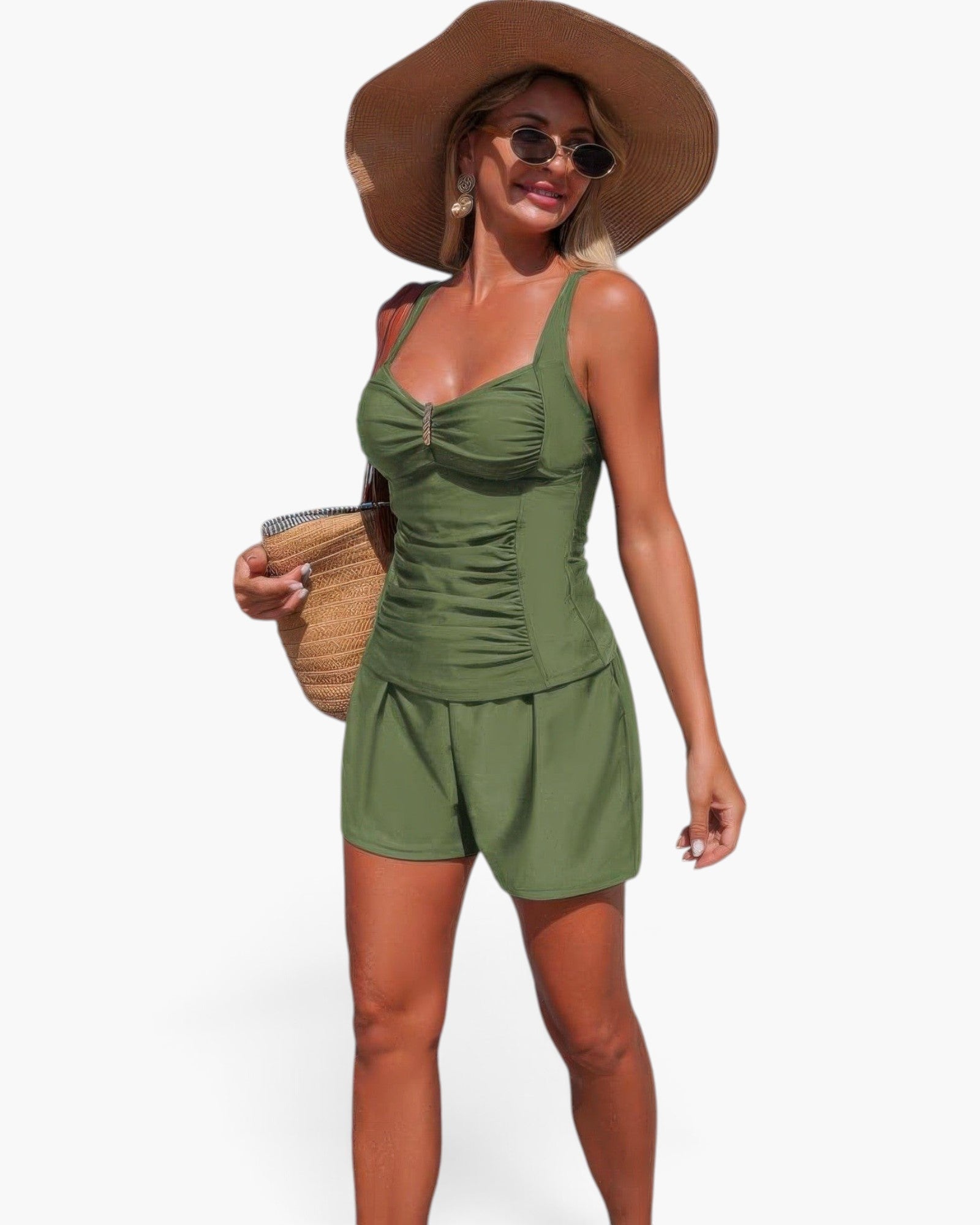 Beach Rose Co. olive green two-piece swimsuit with pleated tank top and shorts, worn by a woman with a sun hat.