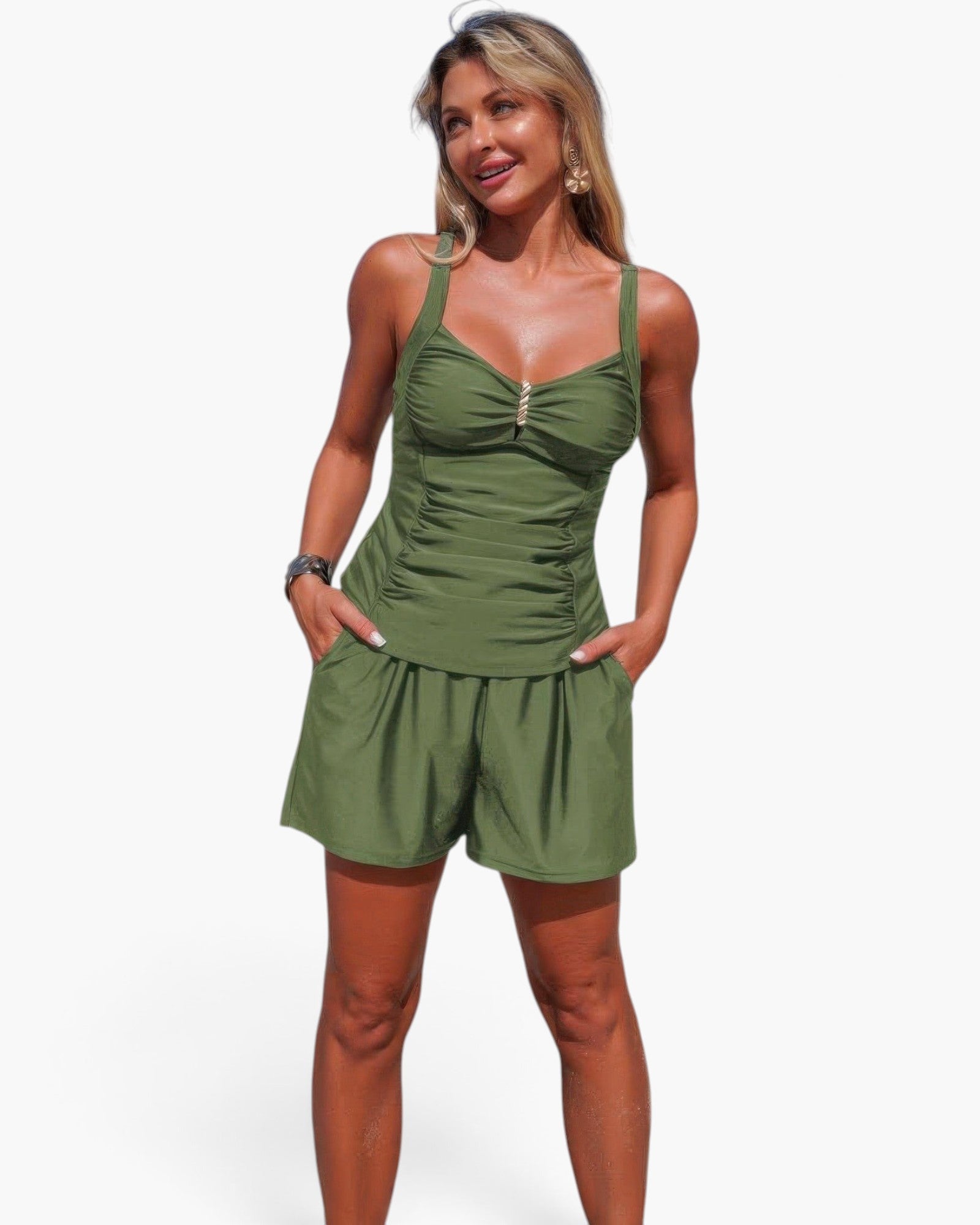 Beach Rose Co. olive green two-piece swimsuit with pleated tank top, sling straps, and pocketed shorts on a model