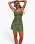 Beach Rose Co. olive green two-piece swimsuit with pleated bodice, sling straps, and matching shorts on a model