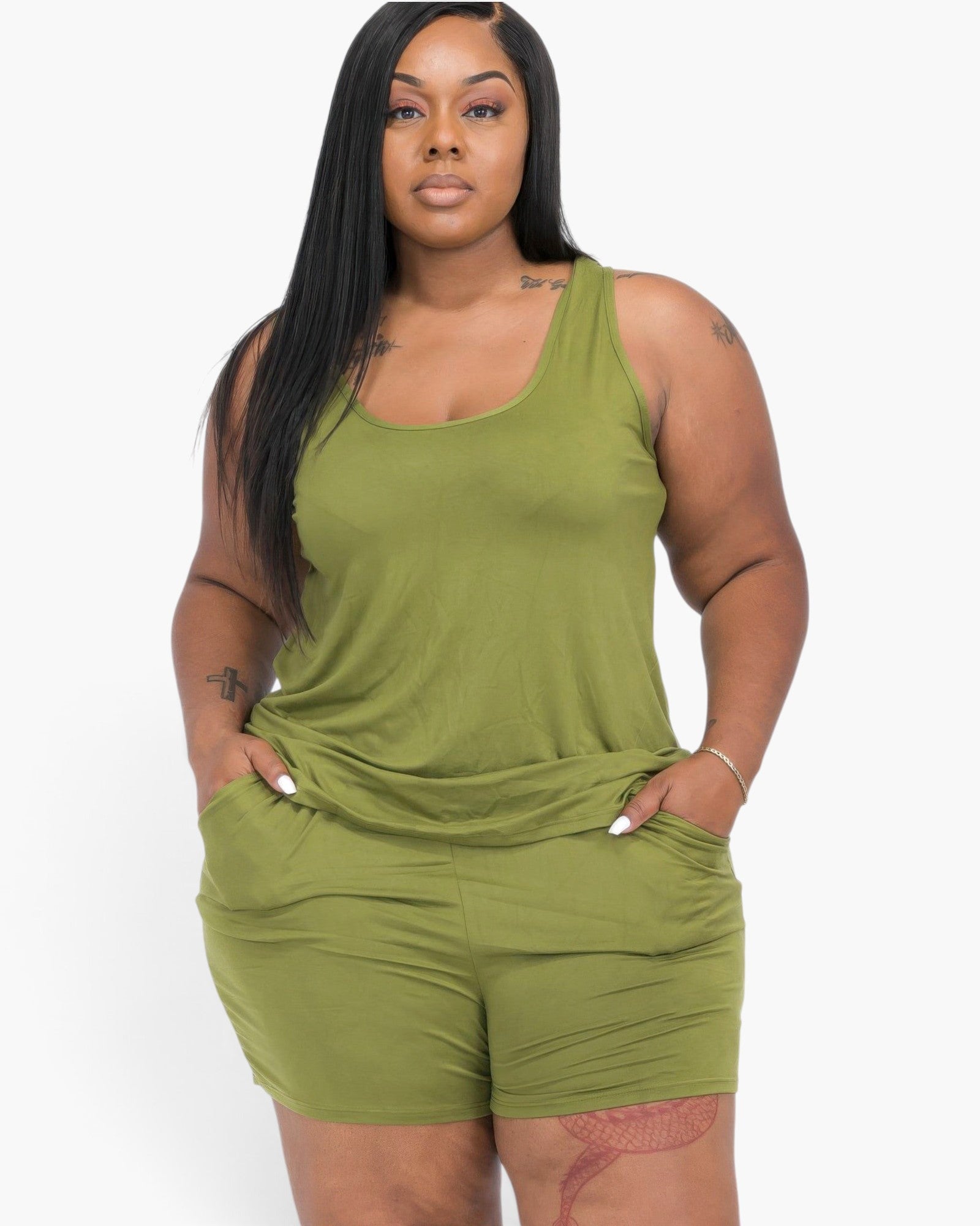 Beach Rose Co. plus size olive green tank top and shorts lounge set on a model with a relaxed fit and crew neckline.