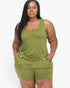 Beach Rose Co. plus size olive green tank top and shorts lounge set on a model with a relaxed fit and crew neckline.