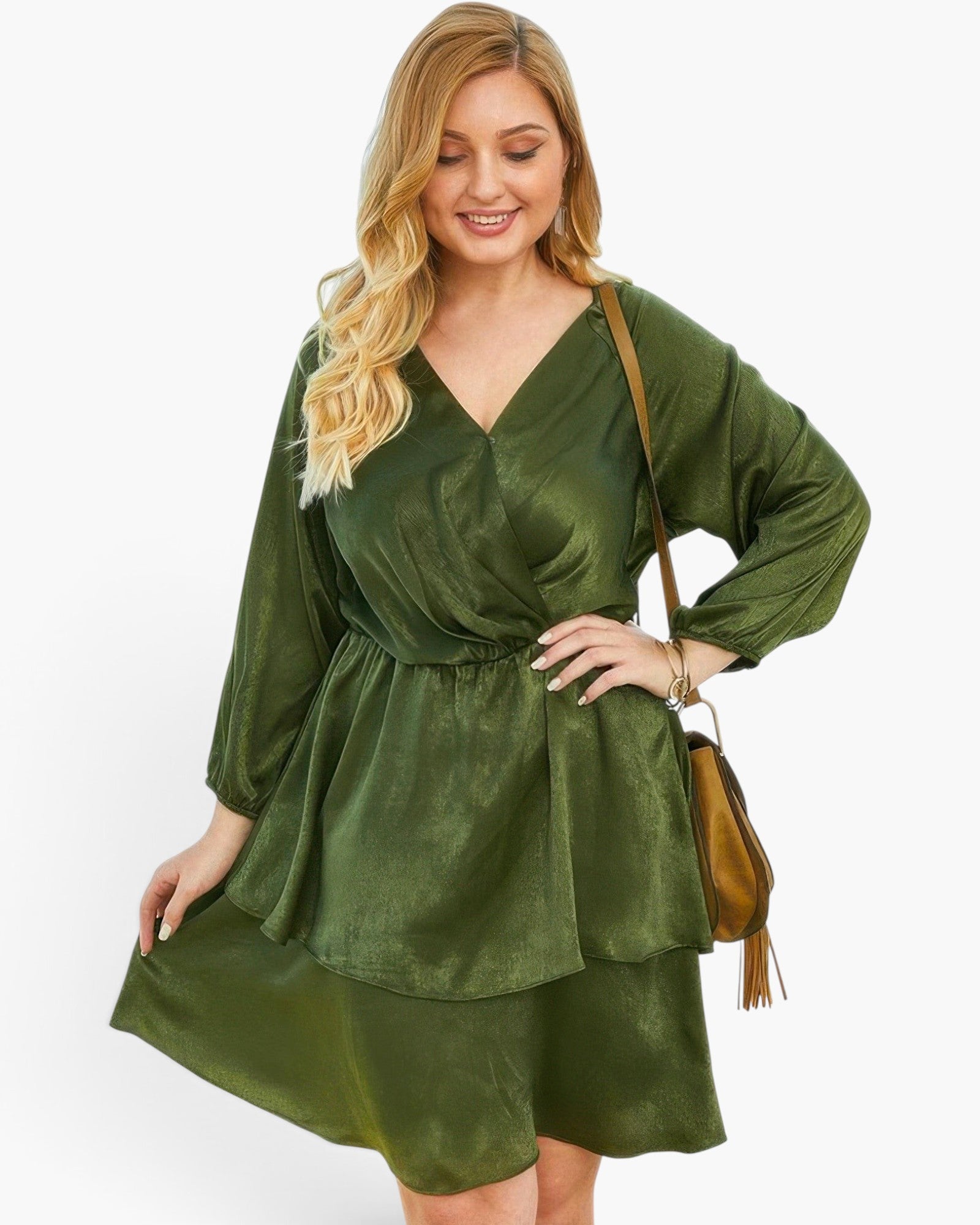 Beach Rose Co. plus size olive green V-neck dress with long sleeves and a ruffled hem on a smiling blonde model