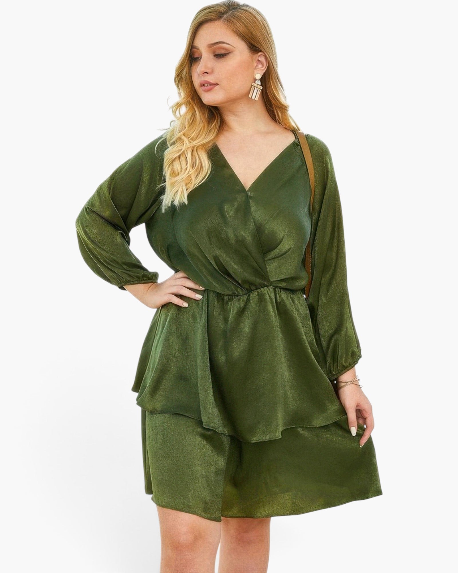 Beach Rose Co. plus size olive green V-neck dress with long sleeves and a ruffled hem on a blonde model