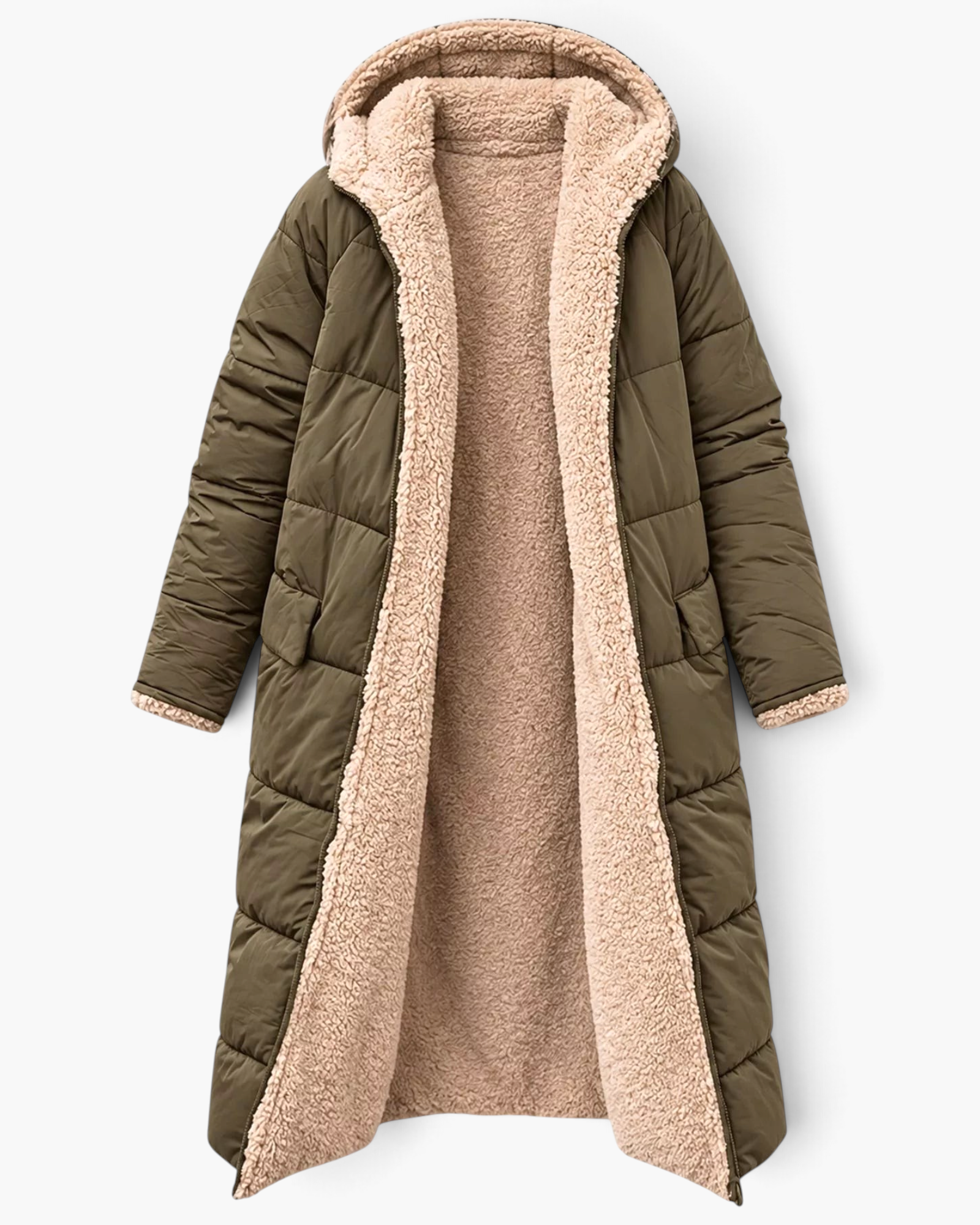 Beach Rose Co. olive green longline quilted coat with a plush beige fleece lining and an attached hood.