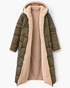 Beach Rose Co. olive green longline quilted coat with a plush beige fleece lining and an attached hood.