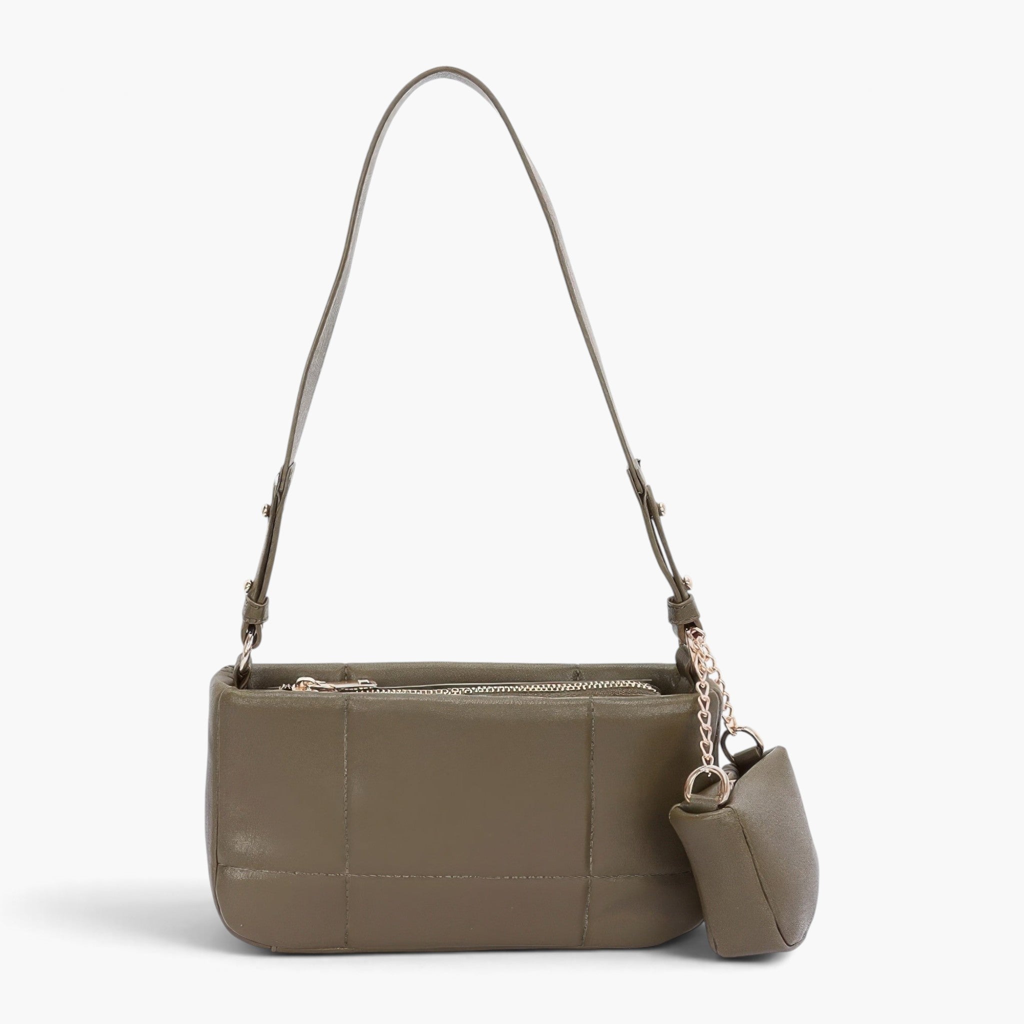 Beach Rose Co. olive green quilted faux leather shoulder bag with a matching detachable Airpod pouch and chain strap.