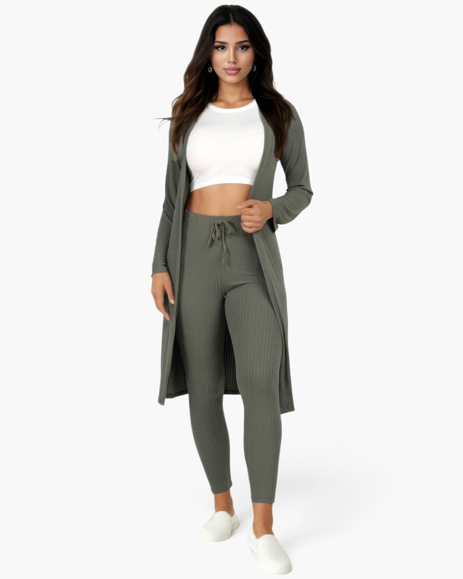 Model wearing Beach Rose Co. olive green ribbed long cardigan and matching leggings set with a white crop top