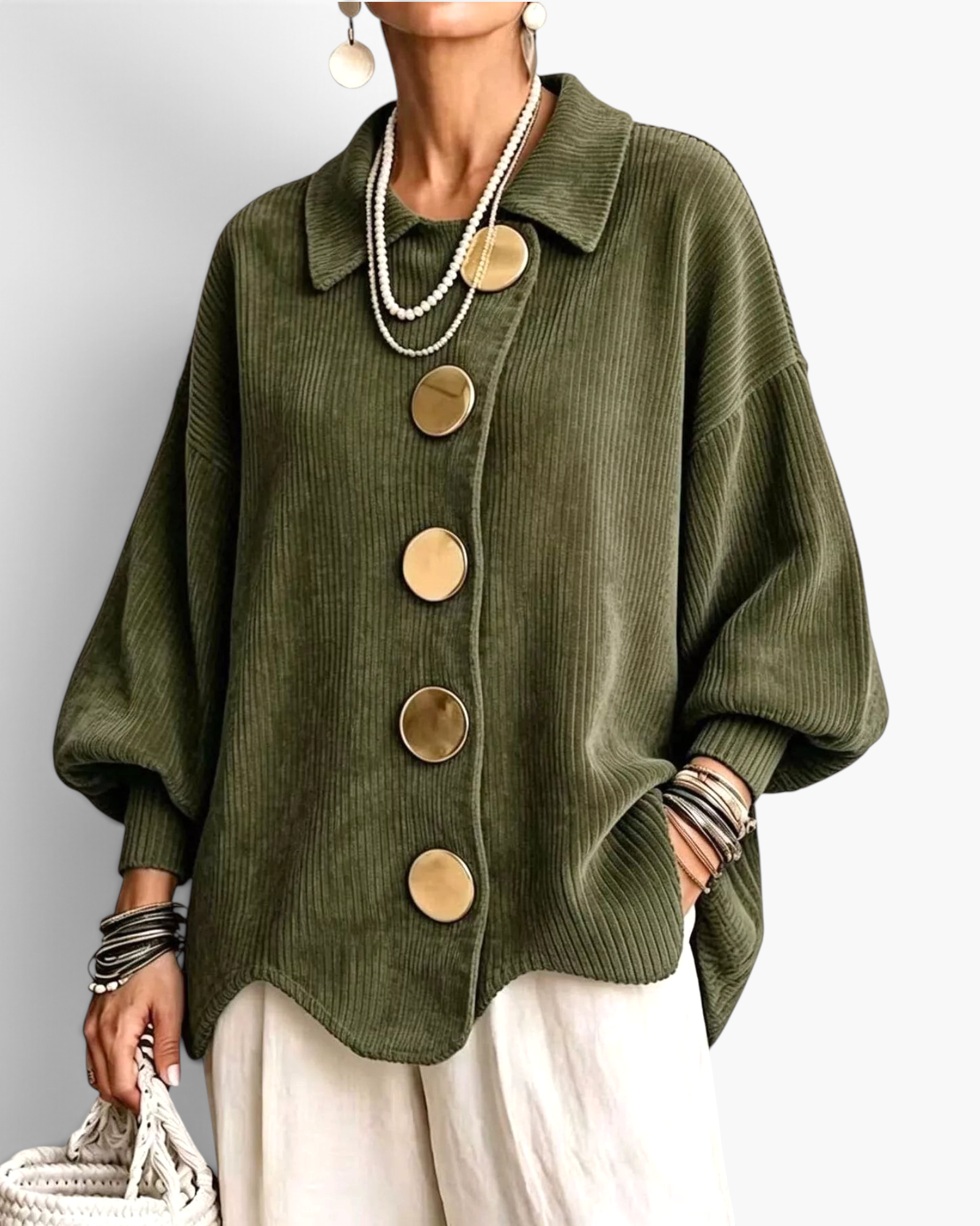 Beach Rose Co. olive green ribbed knit cardigan with a fold-over collar, balloon sleeves, and large gold buttons.