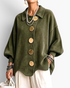 Beach Rose Co. olive green ribbed knit cardigan with a fold-over collar, balloon sleeves, and large gold buttons.