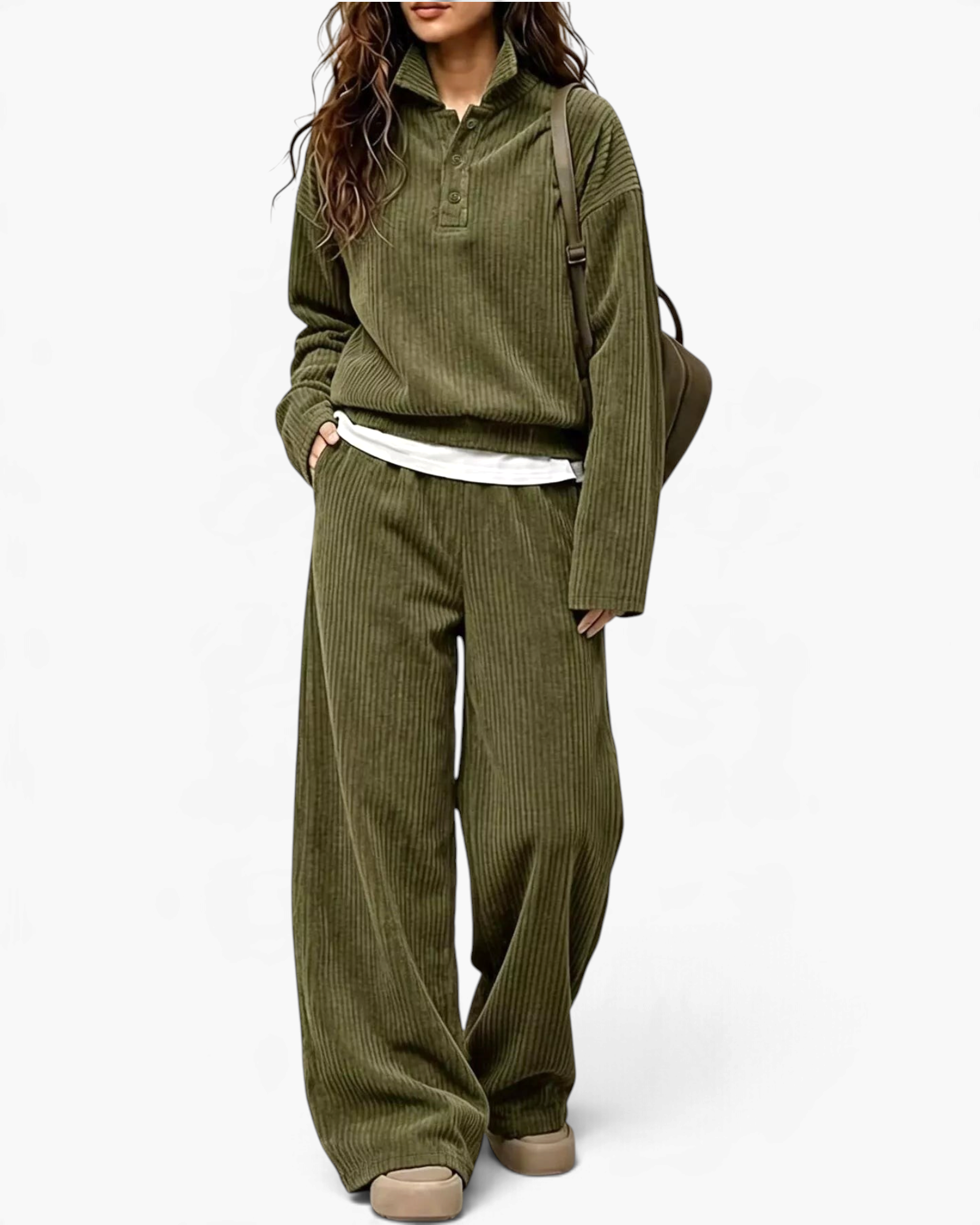 Beach Rose Co. olive green ribbed two-piece set with a collared button-placket top and wide leg pants on a model.