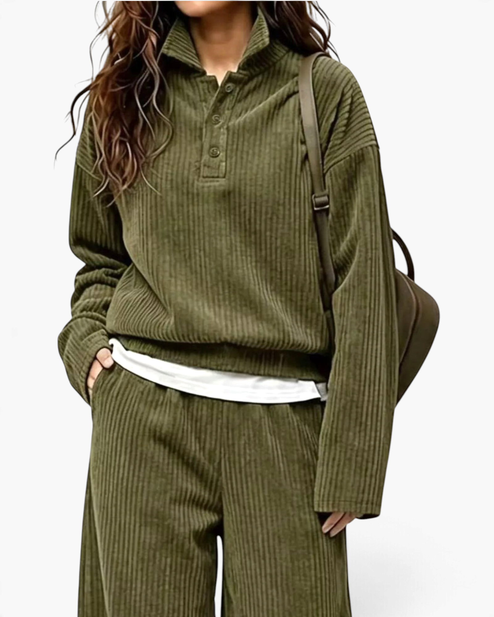 Beach Rose Co. olive green ribbed two-piece set with collared button-placket top and wide leg pants