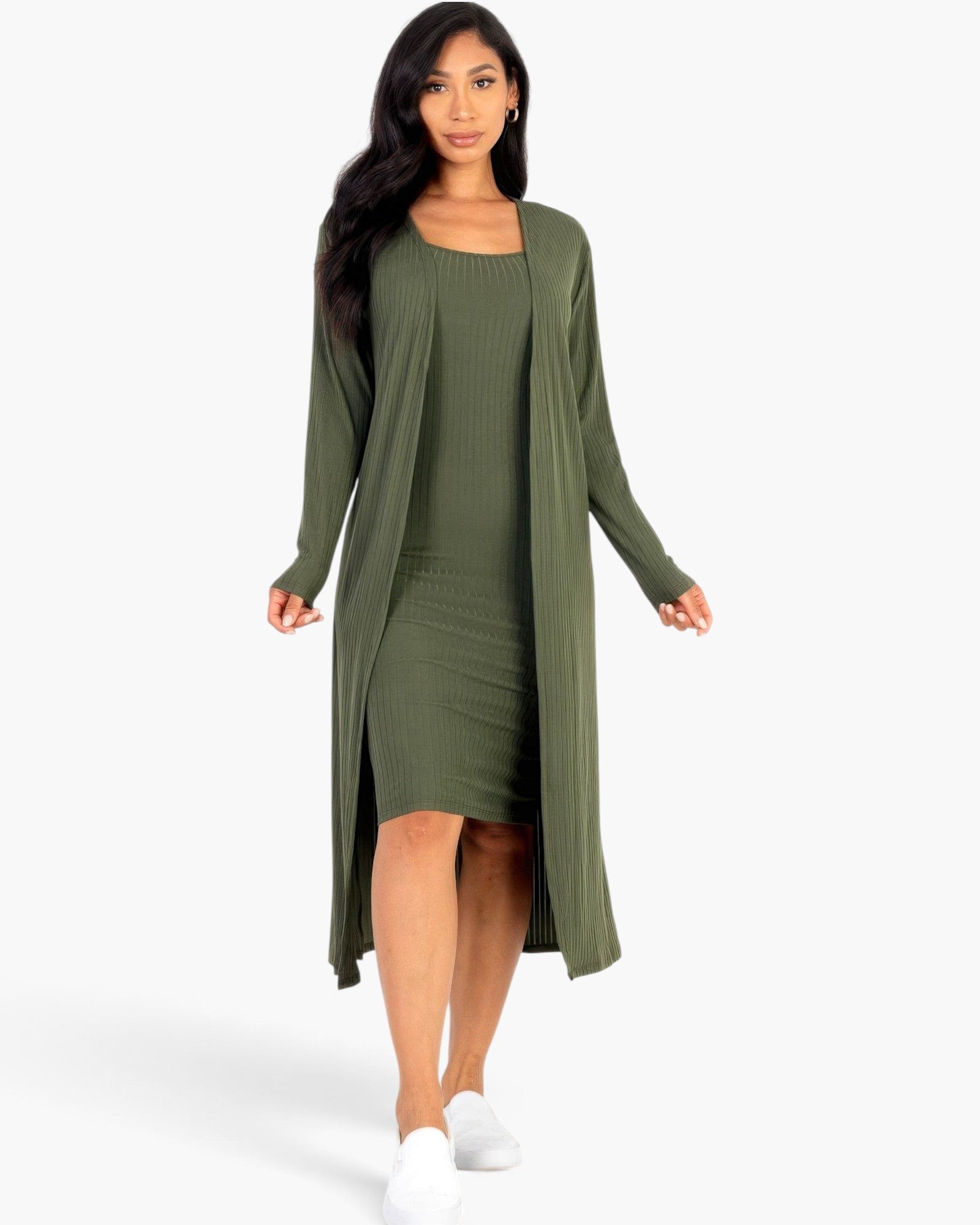 Beach Rose Co. olive green ribbed midi bodycon dress and matching long cardigan set worn by a model with white shoes.