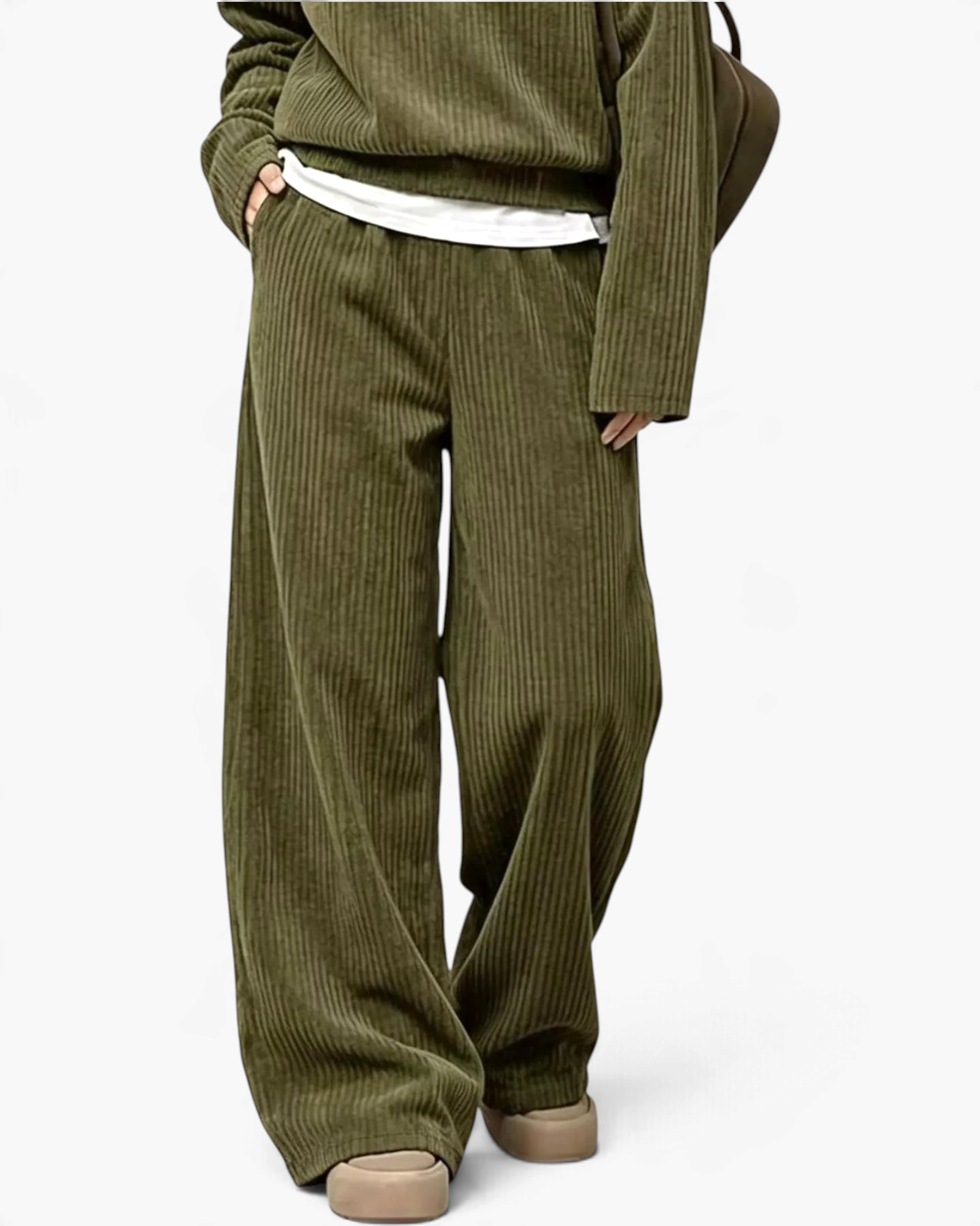 Beach Rose Co. olive green ribbed two-piece set with a relaxed collared top and wide leg pants with side pockets.