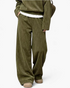 Beach Rose Co. olive green ribbed two-piece set with a relaxed collared top and wide leg pants with side pockets.