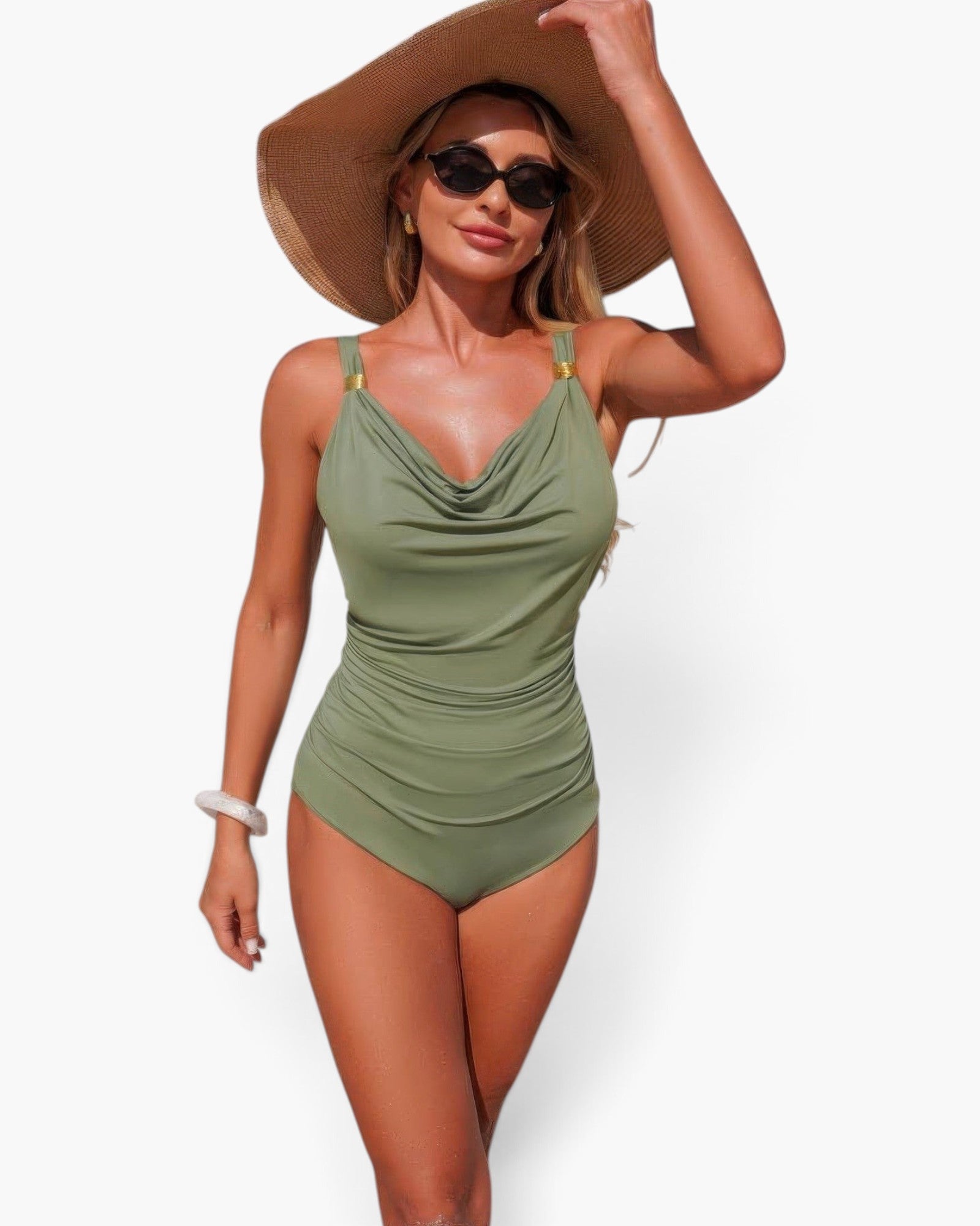 Beach Rose Co. olive green one-piece swimsuit with V-neck, ruching, and tummy control worn by a woman with a sun hat.