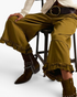 Beach Rose Co. olive green wide leg cropped denim jeans featuring gathered ruffle hems and a front button closure.
